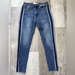 KanCan High Rise Skinny Jeans Side Stripe Raw Hem 3/25 Stretch Denim